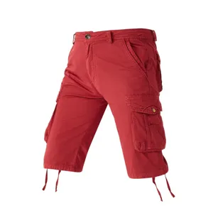 Men's red cargo shorts casual multi-pocket knee length streetwear tactical shorts loose fit