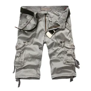 Mens casual multi-pocket cargo shorts detail view, comfortable fit and stylish design.