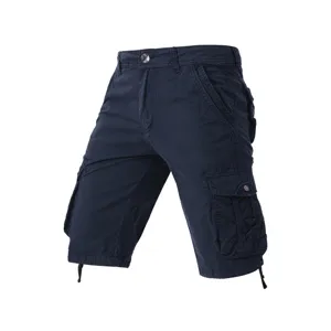 Men's dark blue cargo shorts with multi-pockets casual knee length summer trousers solid