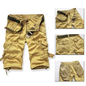 Men's casual multi-pocket cargo shorts with belt, loose fit workwear summer wear