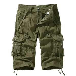 Men's green cargo shorts casual cotton multi-pocket loose fit cropped trousers for summer wear.