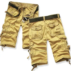 Men casual multi-pocket cargo shorts with belt khaki summer fashion knee length pants