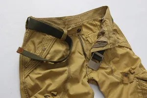 Men cargo shorts khaki multi pocket casual tactical trousers with green belt detailed view