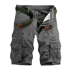 Men's dark grey cotton cargo shorts with a woven belt, casual multi-pocket design.