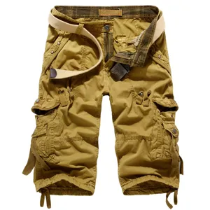 Men's khaki cargo shorts multi-pocket tactical knee length shorts with canvas belt for outdoor daily wear.