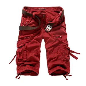 Men's Red Cargo Shorts Multi-Pocket Casual Capris 7/8 Length Summer Loose Fit Trousers