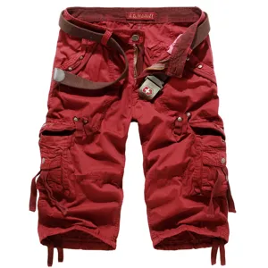 Men's red cargo shorts 3/4 length casual multi-pocket military style casual shorts with belt