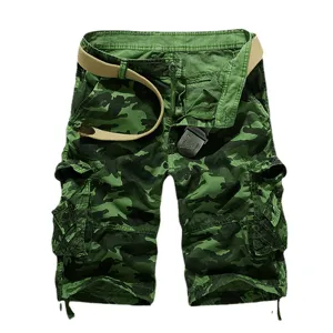 Men's camouflage cargo shorts with multi-pockets and a stylish canvas belt for casual daily wear.