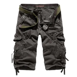 Men's multi-pocket cargo shorts casual tactical knee-length trousers with belt dark grey