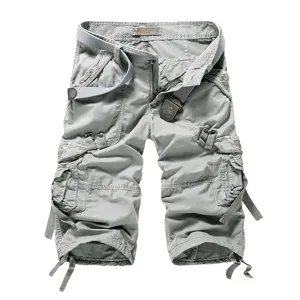 Men's grey cargo capri shorts with multiple pockets, casual loose fit knee-length trousers.