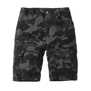 Detail view of mens camo cargo shorts featuring multiple tactical pockets and dark grey camouflage.