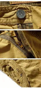 Men tactical cargo shorts detail close up, durable canvas fabric, metal button zipper pocket.