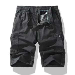 Detailed view of men's casual cargo shorts featuring multiple pockets and metal zipper fly.
