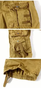 Detail shot of khaki cargo shorts pocket and button craftsmanship, durable fabric design.