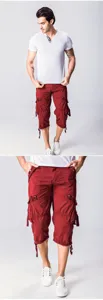 Mens casual summer cargo shorts detail view, multi-pocket design and comfortable fit.
