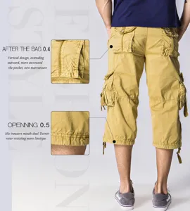 Detailed view of men's casual multi-pocket cargo shorts, showing pocket and cuff features.