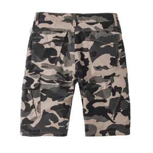 Camouflage cargo shorts detail showing multi-pocket design and tactical style waist.
