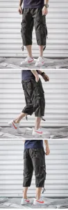 Herren dunkelgraue Cargoshorts Detailansicht, Mehrtaschen Freizeithose Knie-Länge 3er Set