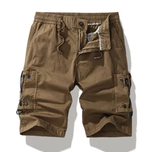 Men casual cargo shorts detail, featuring multi utility pockets and drawstring waist.