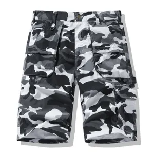 Pantalones cortos cargo de camuflaje para hombre casuales multi-bolsillos detalle.