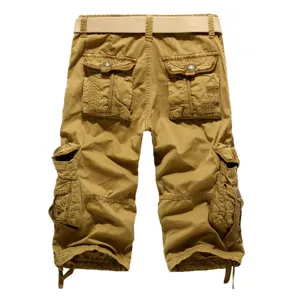 Men's khaki cargo shorts multi-pocket casual outdoor tactical capri trousers with belt