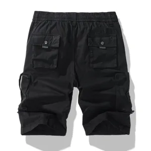 Men's casual black cargo shorts detail view, featuring multiple pockets and elastic waist.