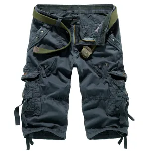 Men's multi-pocket cargo shorts casual tactical knee-length pants with canvas belt