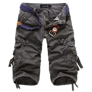 Men's casual cargo shorts with multi-pockets and stylish belt, dark gray, summer wear.