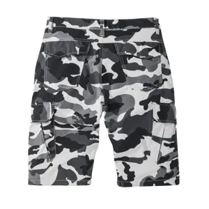 Men camo cargo shorts detail view, featuring multiple utility pockets and classic fit.
