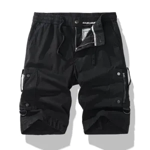 Men's black cargo shorts detail view, featuring multiple utility pockets, zipper and waist.