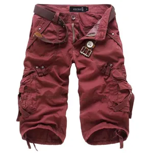 Men summer cargo shorts multi pocket cotton cropped pants casual streetwear apparel red size M