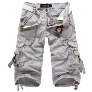 Herren Sommer Freizeit Cargo Shorts Mehrfache Taschen Dreiviertel Hose mit Gürtel Grau