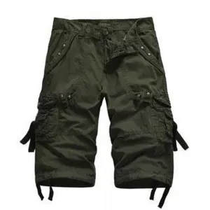 Men's dark green cargo shorts, multi-pocket casual outdoor summer knee-length pants.