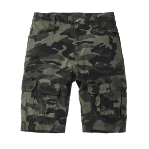 Men's camouflage cargo shorts detail view, casual multi-pocket straight five-point trousers.