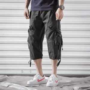 Men's dark grey cargo shorts casual multi-pocket capri pants streetwear athletic shorts