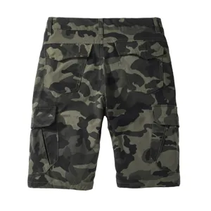 Men camo cargo shorts detail view, tactical casual short pants with multiple utility pockets.