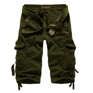 Men's military style multi-pocket cargo shorts in army green with belt casual outdoor wear.