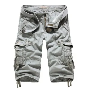 Men's casual multi-pocket cargo shorts grey summer outdoor tactical 3/4 pants with belt