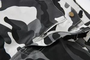 Close-up detail of mens camo cargo shorts zipper fly and button, casual ripstop fabric.
