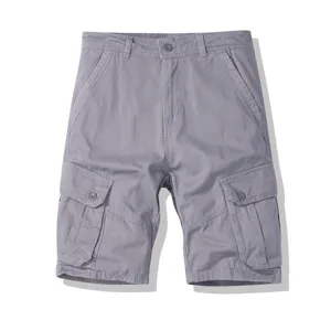 Men's casual gray cargo shorts, multi-pocket solid color 5-point streetwear trousers.