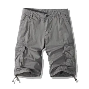 Men's casual grey cargo shorts with multiple pockets and adjustable drawstring hem for outdoors.