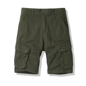 Men's army green cargo shorts, casual loose fit multi-pocket knee length summer trousers