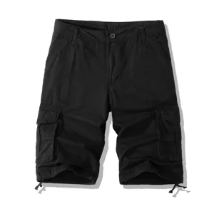 Men's black casual cargo shorts, multi-pocket outdoor five-point pants for summer daily wear.