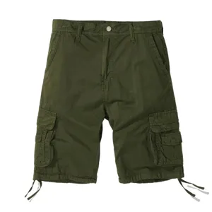 Men's military green cargo shorts with multi-pockets and drawstring cuffs for casual outdoor wear.