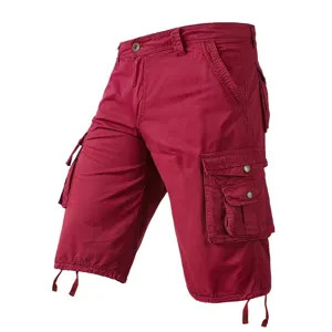 Detail view of men cargo shorts side pockets adjustable drawstring hem burgundy color fabric.