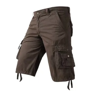 Detailed view of men's brown cargo shorts featuring multi-pockets and adjustable leg drawstrings.