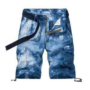 Men's tie-dye cargo shorts casual summer multi-pocket denim style five-point trousers with belt