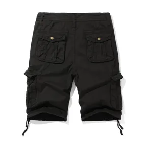 Detailed view of black cargo shorts for men, multi-pocket design and adjustable hem.