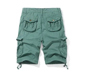 Men's army green cargo shorts with multiple pockets, casual outdoor 5-inch shorts.