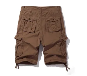 Men's brown cargo shorts featuring multiple utility pockets, casual fit and adjustable cuffs.